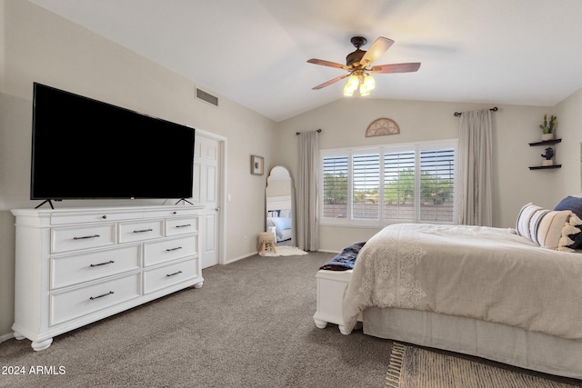 carpeted bedroom featuring vaulted ceiling and ceiling fan