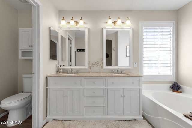 bathroom featuring a washtub, vanity, and toilet