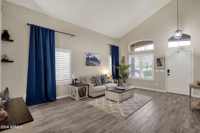 living room featuring light hardwood / wood-style floors and high vaulted ceiling