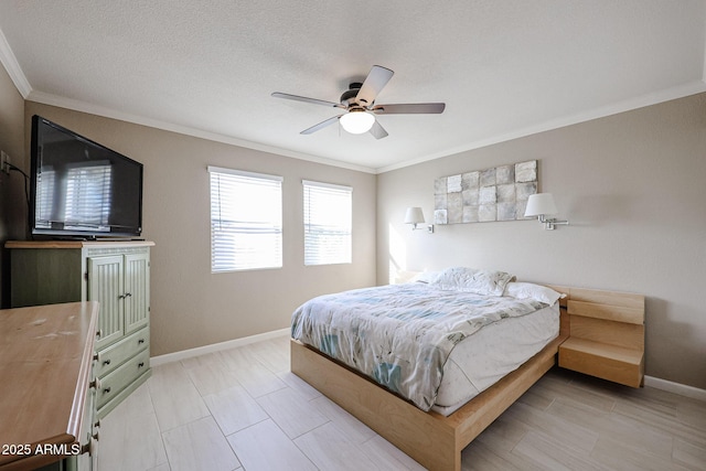 bedroom featuring ceiling fan, ornamental molding, and a textured ceiling