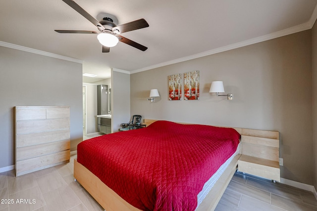 bedroom featuring ceiling fan, crown molding, and connected bathroom