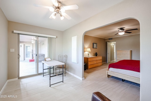 bedroom with ceiling fan, crown molding, and access to outside