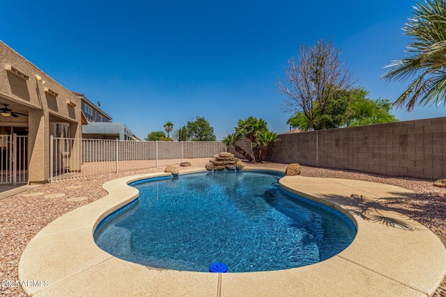 11511 E Renata Ave, Mesa, AZ 85212 - view of swimming pool with a fenced backyard, a ceiling fan, and a patio area