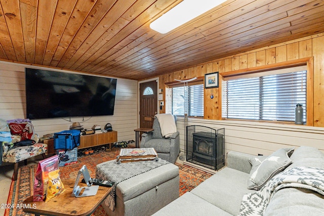 living area with wooden ceiling, wood walls, and a wood stove