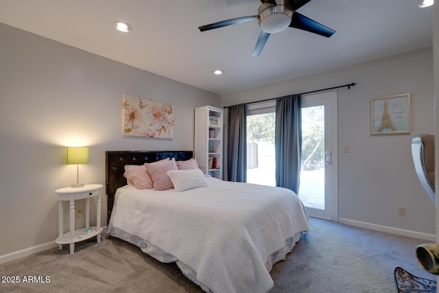 carpeted bedroom with access to exterior and ceiling fan