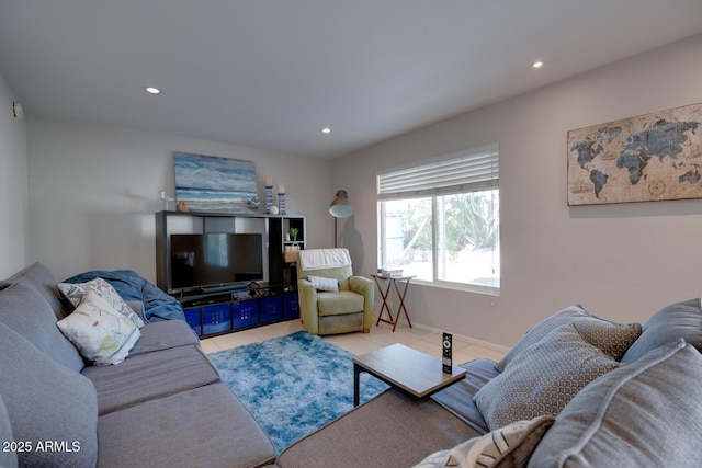 living room with light tile patterned flooring