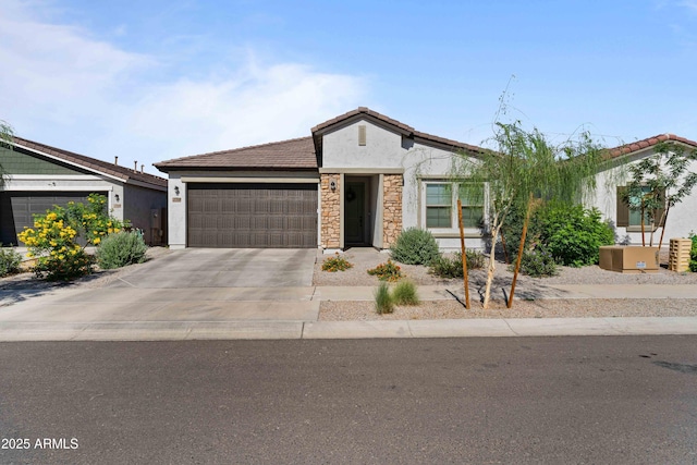 27510 N 30th Ln, Phoenix, AZ 85083 - ranch-style home with a garage, stucco siding, driveway, a tiled roof, and stone siding