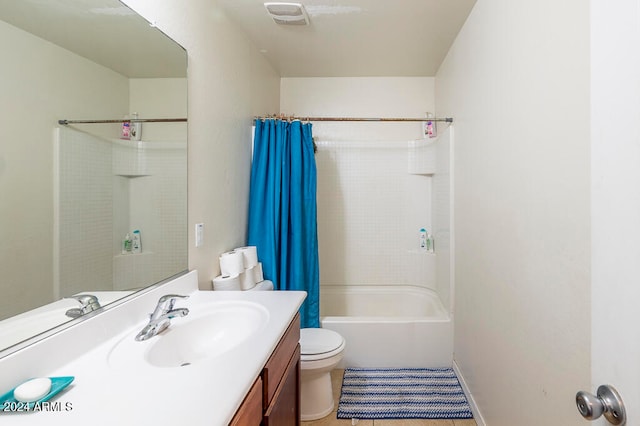 full bathroom featuring toilet, vanity, and shower / bathtub combination with curtain