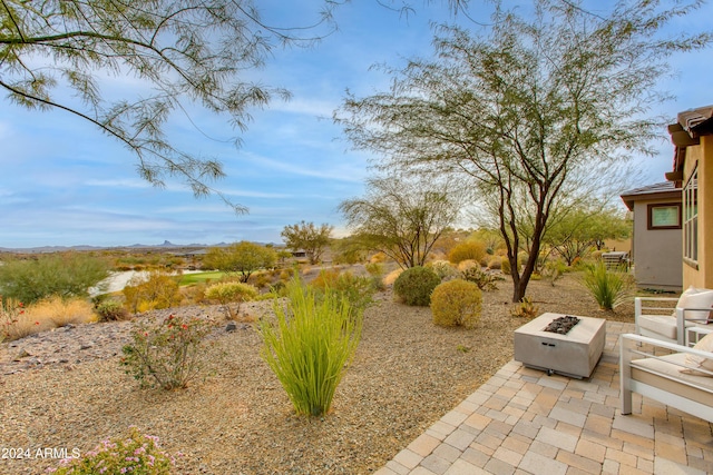 view of yard featuring a patio and a fire pit