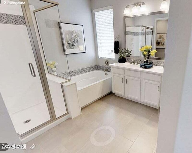 bathroom with plus walk in shower and vanity