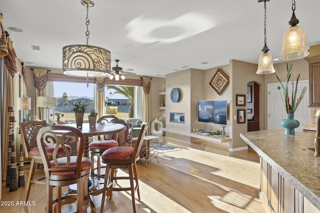 dining room featuring ceiling fan and light hardwood / wood-style flooring