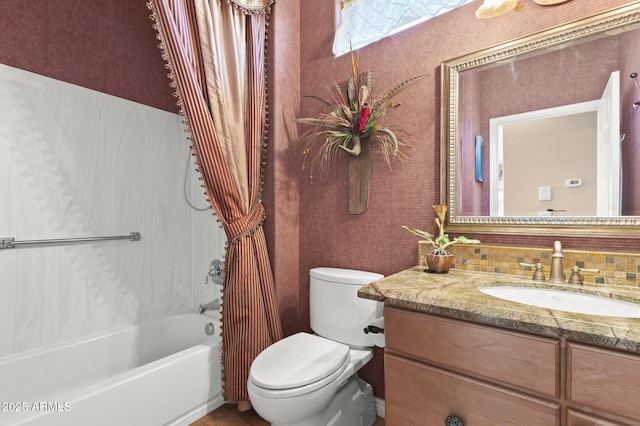 full bathroom with toilet, vanity, shower / bathtub combination with curtain, and backsplash