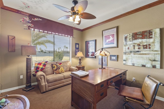 office area with ornamental molding, carpet floors, and ceiling fan