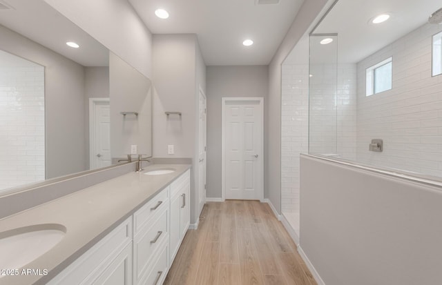 full bathroom featuring baseboards, a sink, a walk in shower, and double vanity