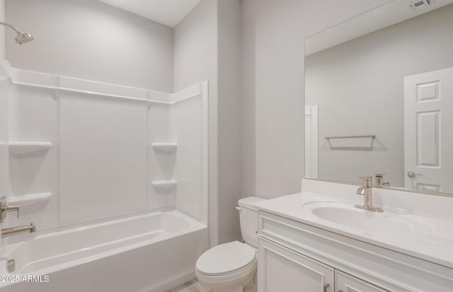 full bath with toilet, visible vents, vanity, and tub / shower combination
