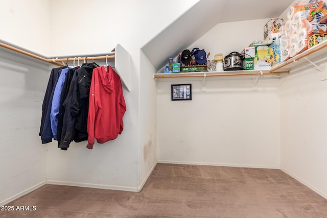 walk in closet featuring light carpet and vaulted ceiling