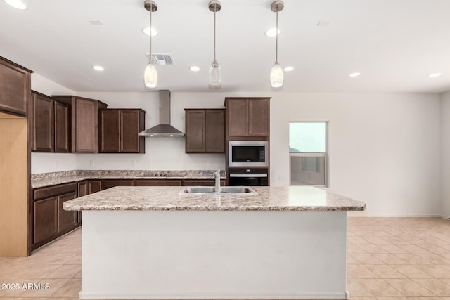 6331 W Desert Blossom Way, Florence, AZ 85132 - kitchen with wall chimney range hood, a sink, built in microwave, light tile patterned floors, and recessed lighting
