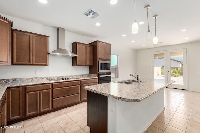 6331 W Desert Blossom Way, Florence, AZ 85132 - kitchen with a sink, black appliances, wall chimney range hood, light tile patterned floors, and recessed lighting
