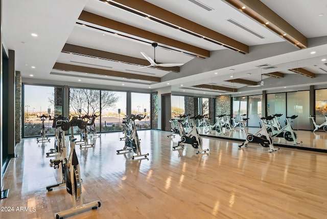 gym featuring expansive windows, ceiling fan, and light wood-type flooring