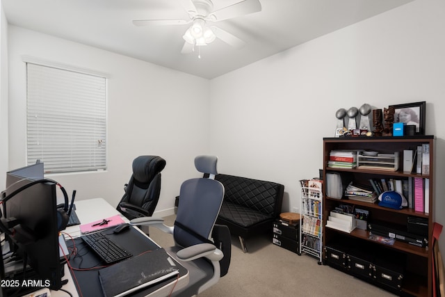 office space featuring ceiling fan and carpet floors