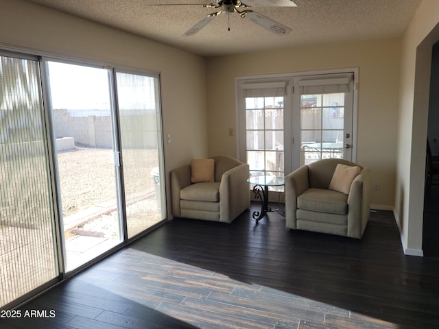 sitting room featuring dark hardwood / wood-style floors, a wealth of natural light, and a textured ceiling