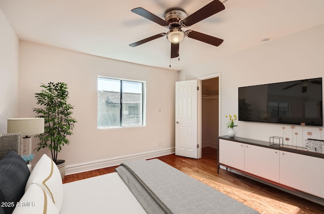 bedroom featuring ceiling fan, light hardwood / wood-style floors, a spacious closet, and a closet