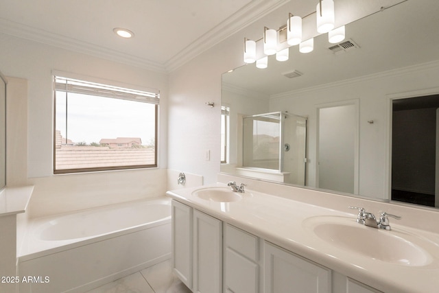 694 W Desert Seasons Dr, San Tan Valley, AZ 85143 - full bathroom with a bath, a stall shower, double vanity, ornamental molding, and marble finish floors