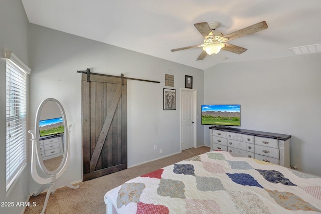 18590 W Vogel Ave, Goodyear, AZ 85338 - bedroom featuring a ceiling fan, carpet, visible vents, and a barn door