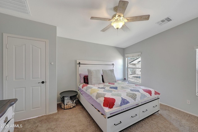 18590 W Vogel Ave, Goodyear, AZ 85338 - bedroom with visible vents, light colored carpet, a ceiling fan, and lofted ceiling