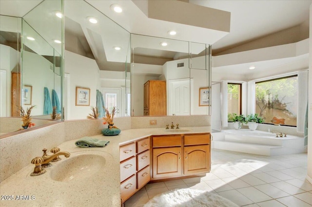 18738 E Buckskin Dr, Rio Verde, AZ 85263 - full bathroom featuring vaulted ceiling, double vanity, recessed lighting, tile patterned flooring, and a bath