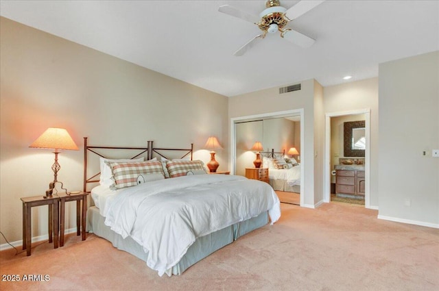 18738 E Buckskin Dr, Rio Verde, AZ 85263 - carpeted bedroom featuring baseboards, a closet, ensuite bathroom, and ceiling fan