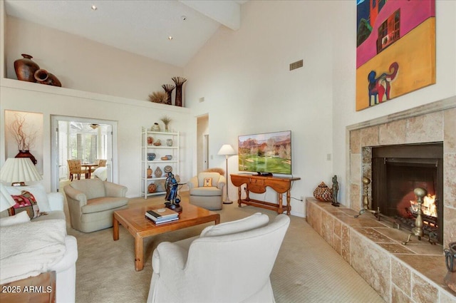 18738 E Buckskin Dr, Rio Verde, AZ 85263 - carpeted living area with high vaulted ceiling, a fireplace, and beamed ceiling