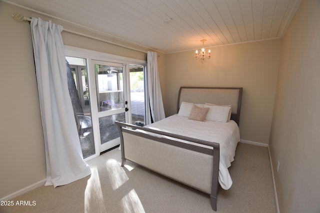 bedroom with access to exterior, light colored carpet, wood ceiling, and a notable chandelier