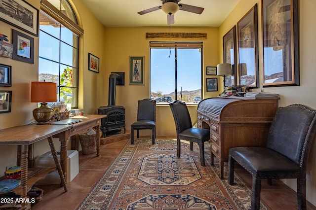 42617 Hovatter Rd, Salome, AZ 85348 - home office with a wood stove and a ceiling fan