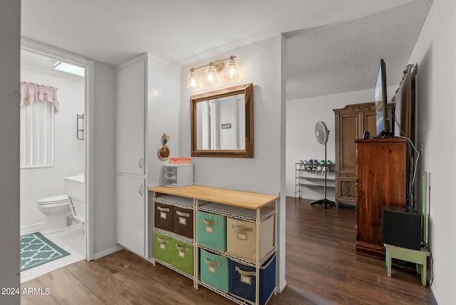 bathroom with vanity, wood-type flooring, a textured ceiling, and toilet