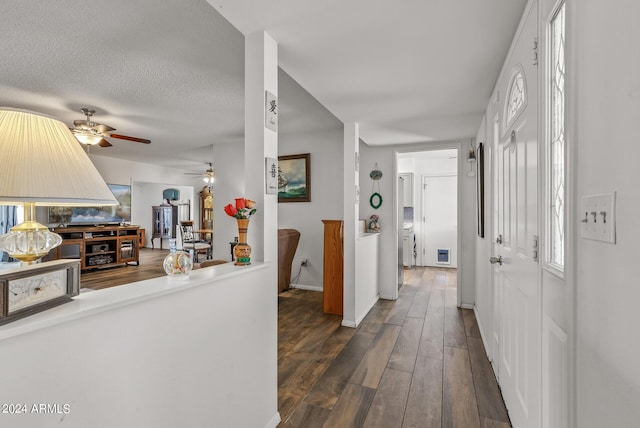 corridor featuring dark wood-type flooring and a textured ceiling