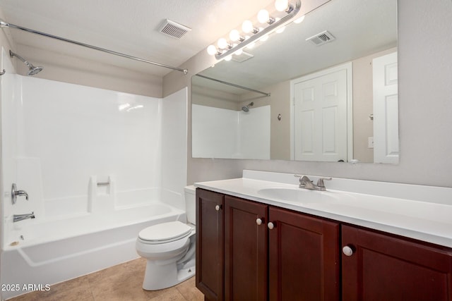 full bathroom featuring visible vents, toilet, shower / bathtub combination, tile patterned floors, and vanity