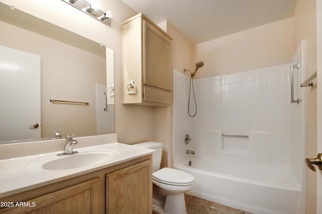 bathroom with toilet, bathing tub / shower combination, and vanity