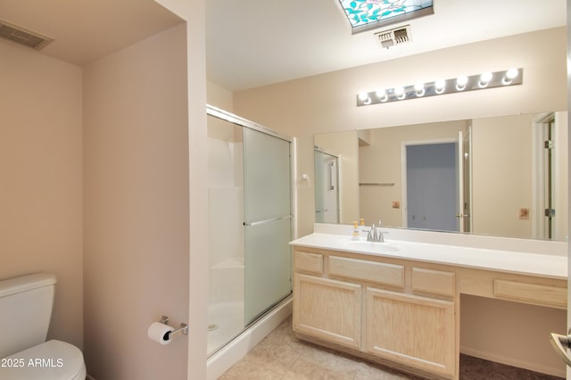full bath with vanity, a shower stall, toilet, and visible vents