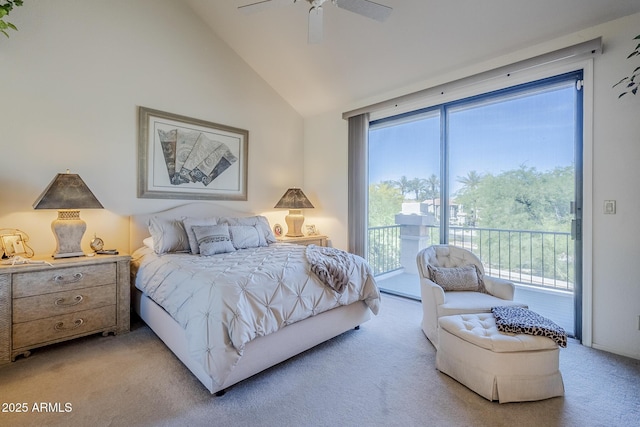 bedroom featuring access to outside, high vaulted ceiling, light carpet, and ceiling fan