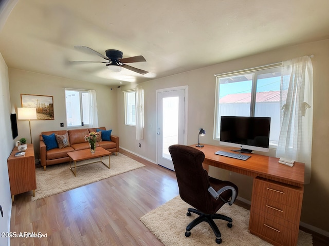 office area with ceiling fan and light hardwood / wood-style floors