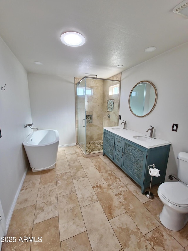 full bathroom featuring tile patterned flooring, shower with separate bathtub, vanity, and toilet