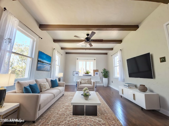 living room with beam ceiling, dark hardwood / wood-style floors, and ceiling fan