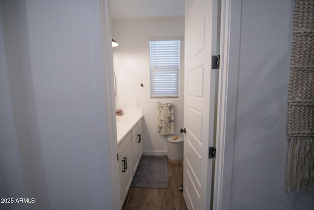 bathroom featuring wood finished floors, vanity, and baseboards