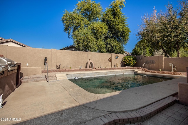 view of pool featuring a fenced in pool, a fenced backyard, a patio, and grilling area