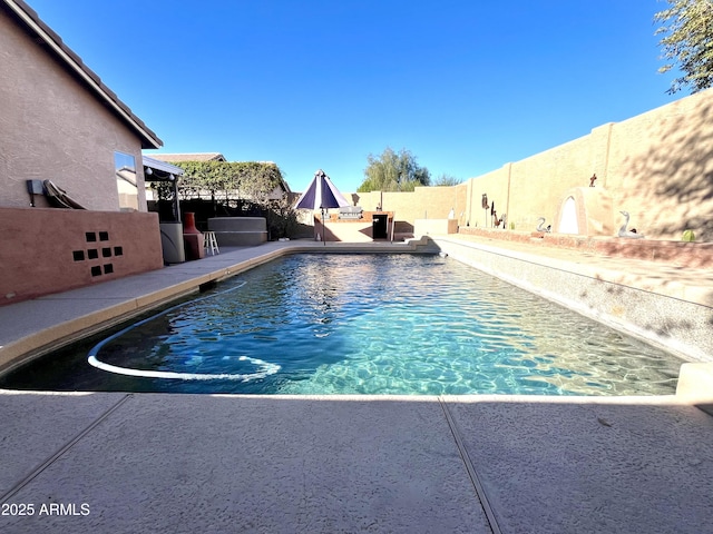 view of swimming pool featuring a fenced in pool, a fenced backyard, and a patio