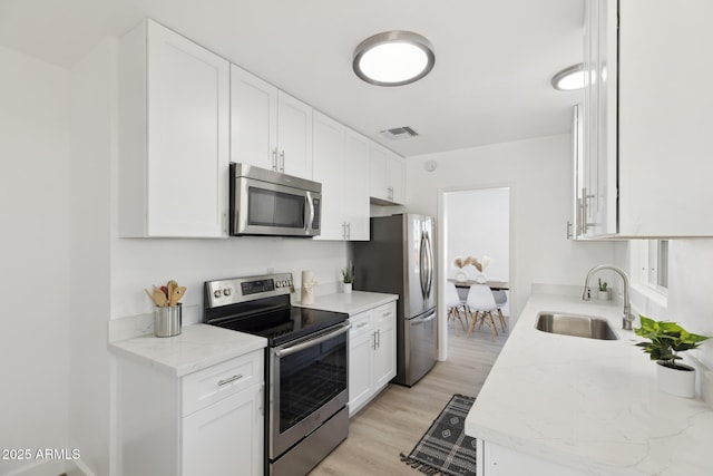 kitchen with visible vents, appliances with stainless steel finishes, white cabinetry, and a sink