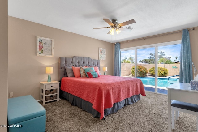 carpeted bedroom featuring access to outside and ceiling fan
