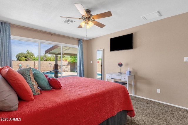 carpeted bedroom with access to outside, baseboards, and ceiling fan