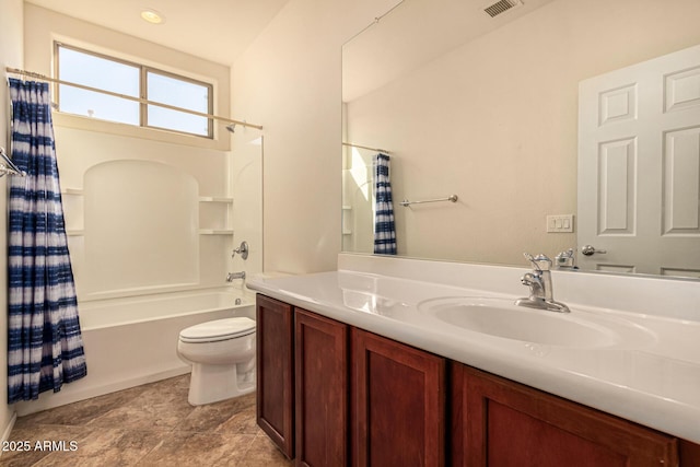 full bathroom with shower / bath combination with curtain, vanity, and toilet